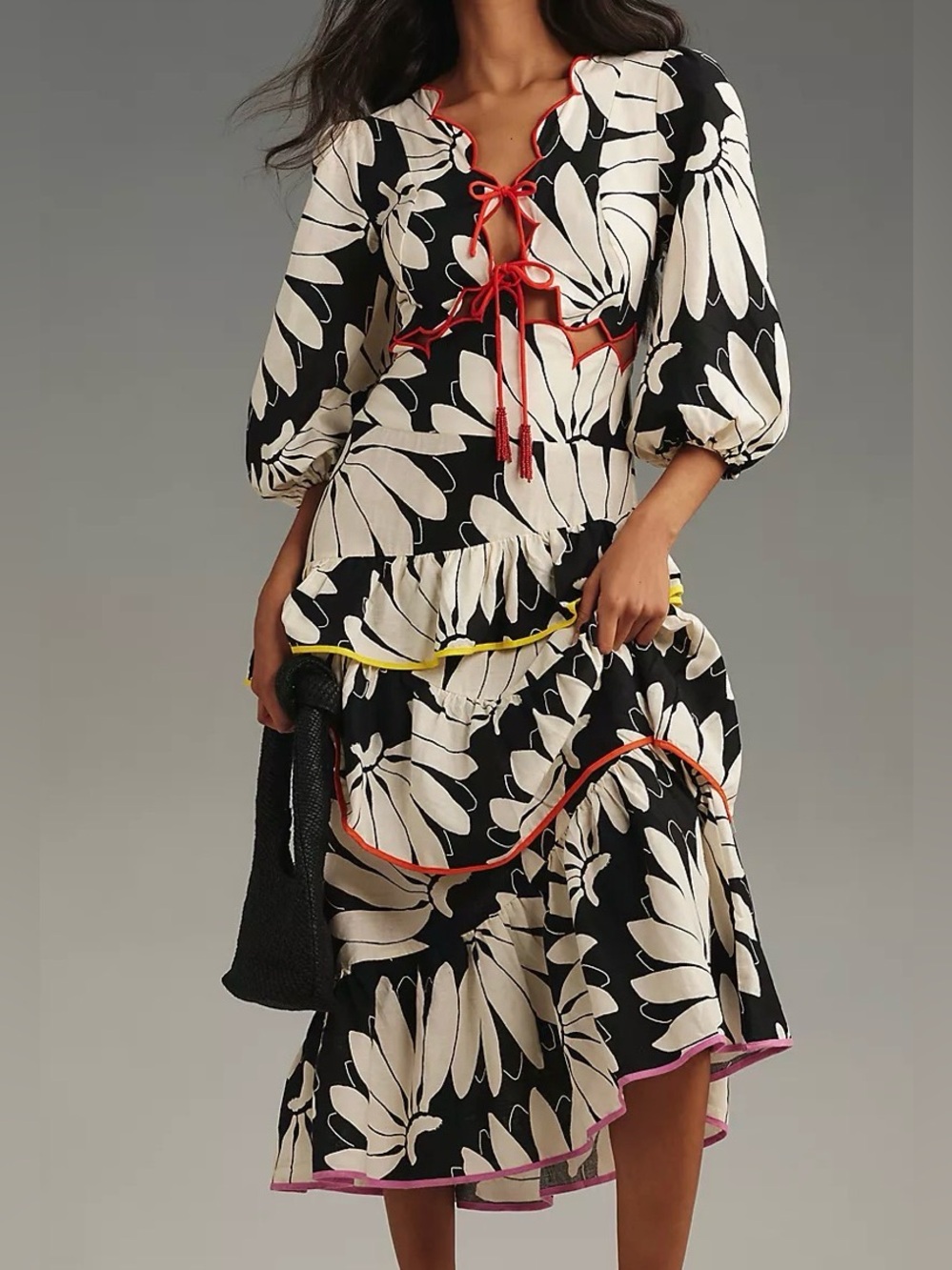 Farm Rio x Anthropologie Cutout Tiered Linen Maxi Dress